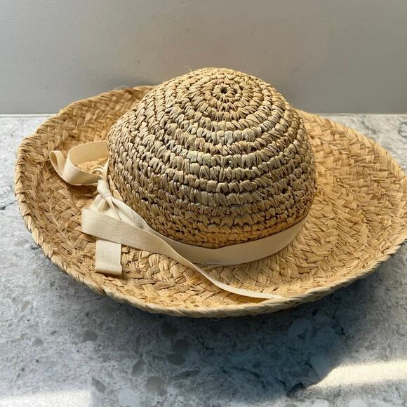 Vintage Straw Summer Sun Hat Tan w Bow Detail JL - Picture 1 of 7
